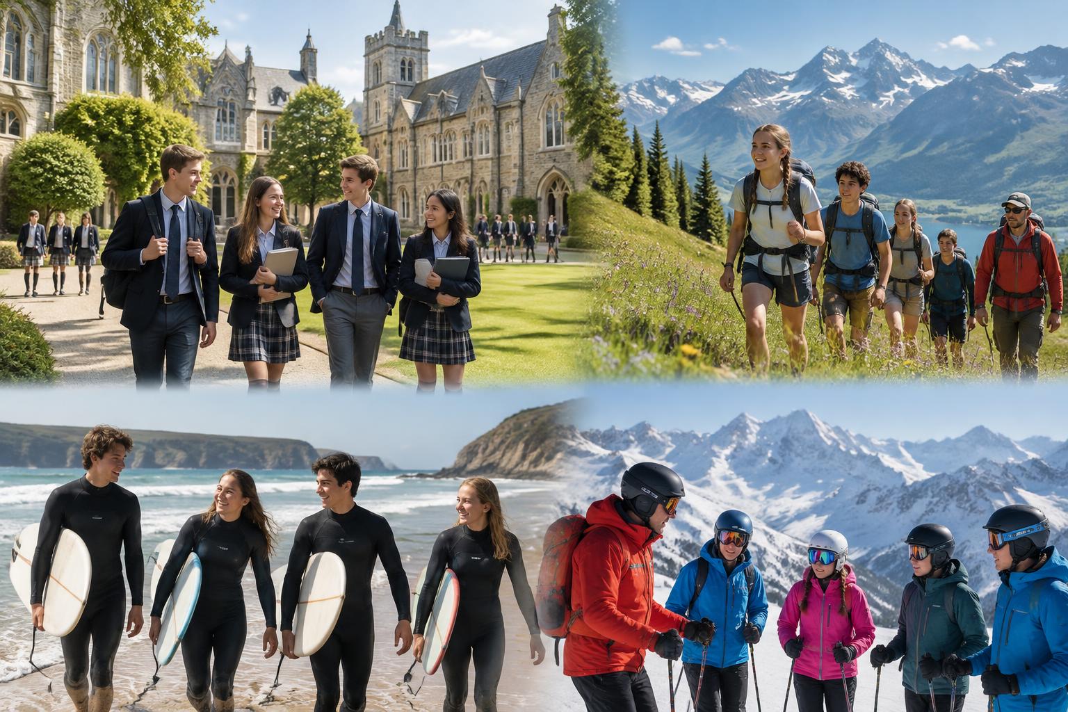 Illustration d’un campus en internat et de jeunes en camps de surf, de montagne et de ski