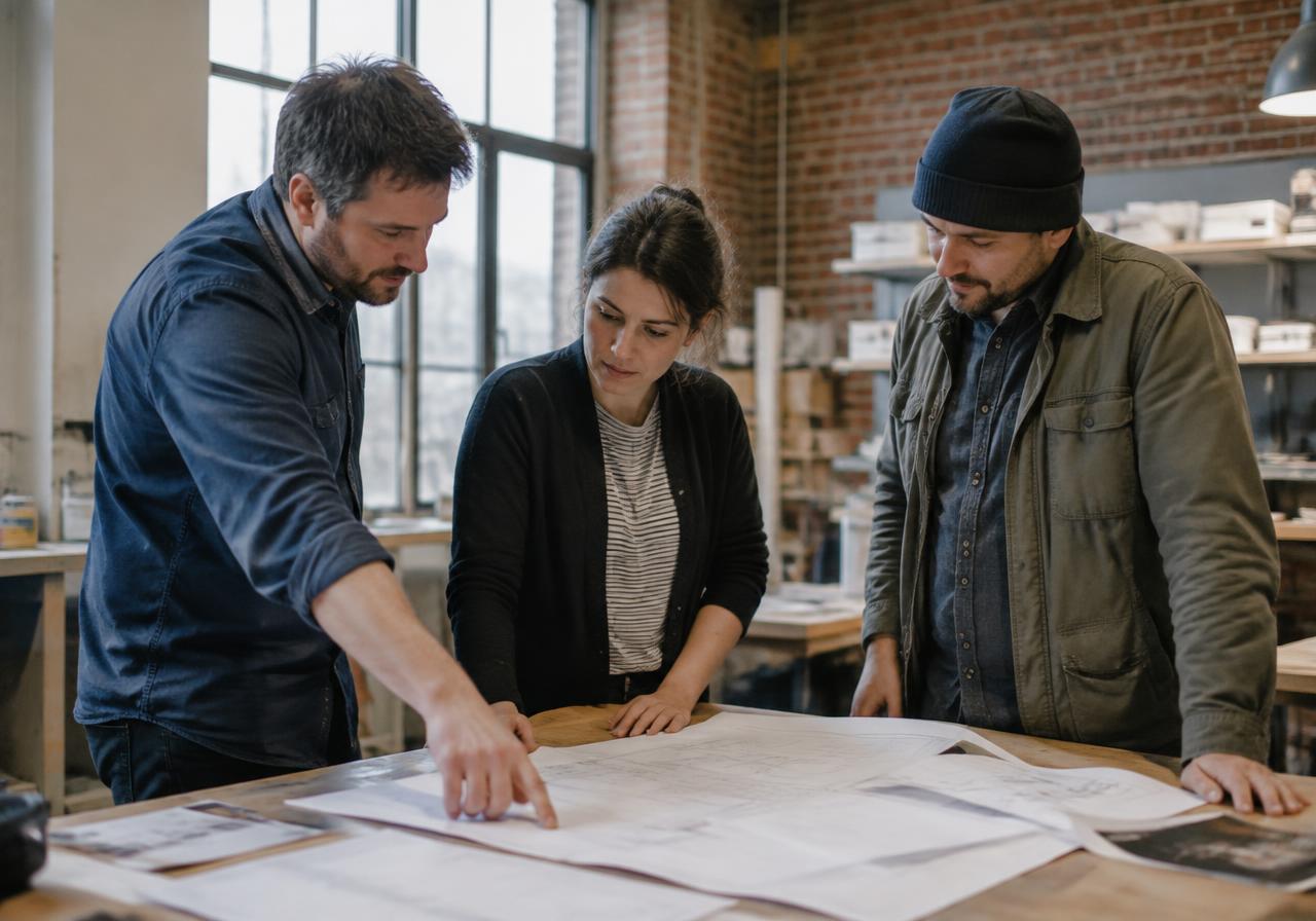 Petite équipe réunie autour d'un plan de travail