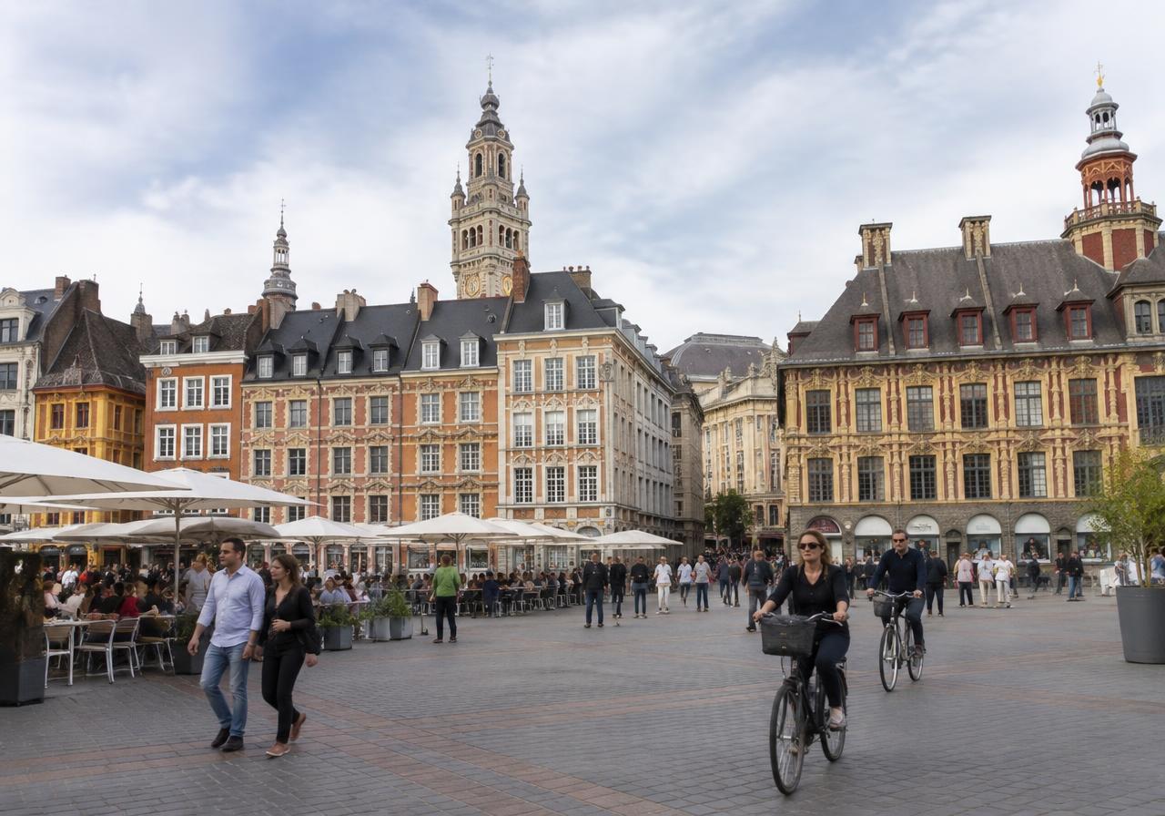 Grande place animée d'une ville des Hauts-de-France