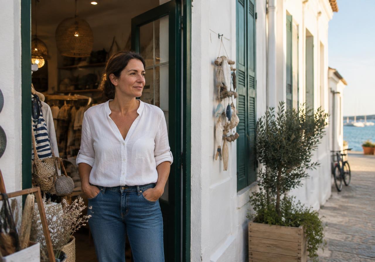 Commerçante devant sa boutique en Vendée